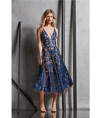 Dress the Population Blair Sequin Embroidered Mesh V-Neck Sleeveless A-Line Midi Dress
