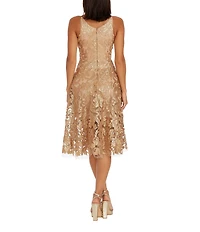 Dress the Population Blair Sequin Embroidered Mesh V-Neck Sleeveless A-Line Midi Dress