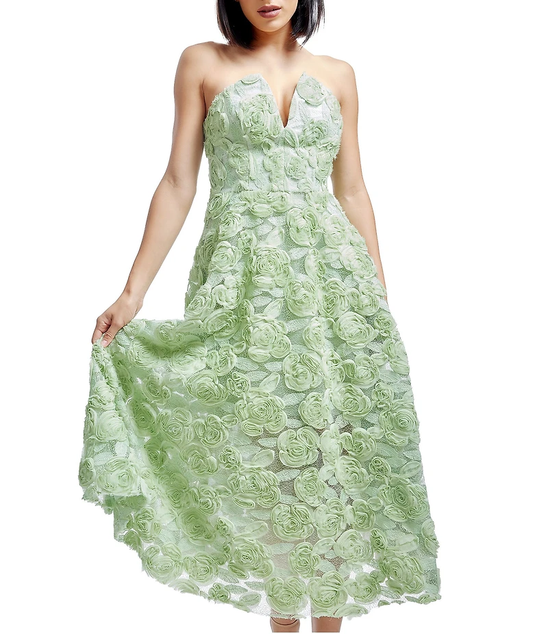 Dress the Population Briella Soutache Rosette Strapless Neck Sleeveless A Line Midi Dress