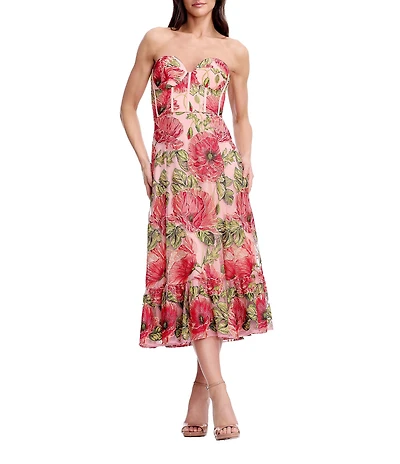 Dress the Population Carina Strapless Floral Corset Sweetheart Bustier Midi Dress