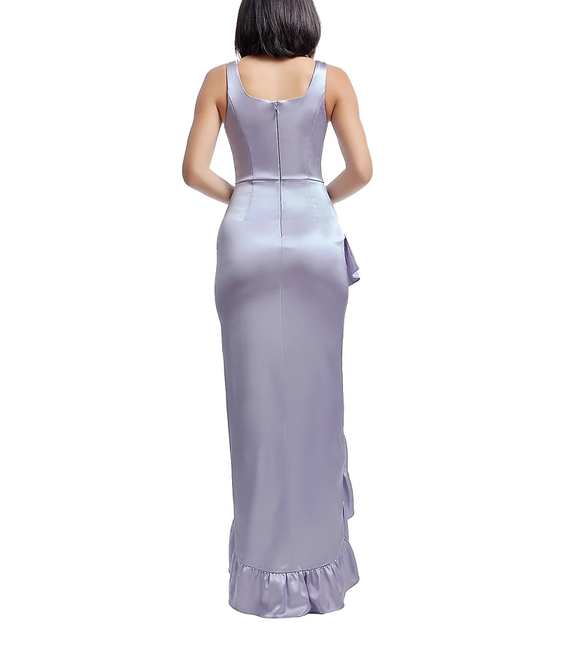 Dress the Population Charlene Square Neck Ruffle Front Satin Sheath Gown