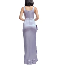 Dress the Population Charlene Square Neck Ruffle Front Satin Sheath Gown