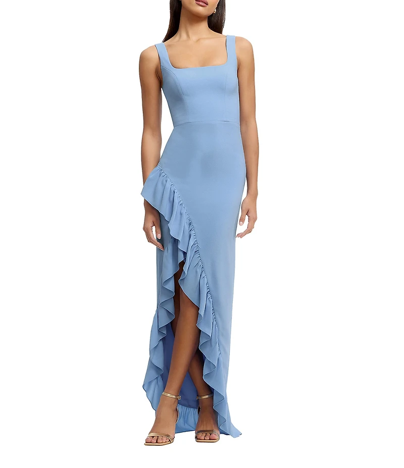 Dress the Population Charlene Square Neck Sleeveless Cascading Ruffle Side Slit Gown