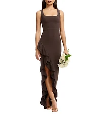 Dress the Population Charlene Square Neck Sleeveless Cascading Ruffle Side Slit Gown