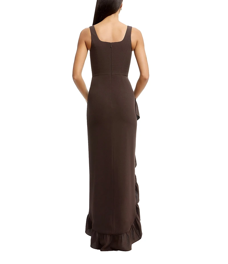 Dress the Population Charlene Square Neck Sleeveless Cascading Ruffle Side Slit Gown