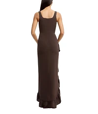 Dress the Population Charlene Square Neck Sleeveless Cascading Ruffle Side Slit Gown