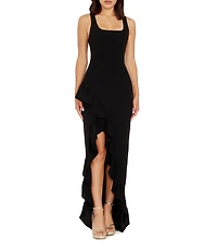 Dress the Population Charlene Square Neck Sleeveless Cascading Ruffle Side Slit Gown