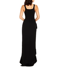 Dress the Population Charlene Square Neck Sleeveless Cascading Ruffle Side Slit Gown