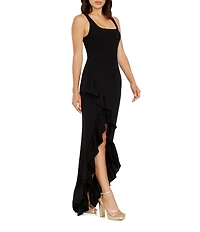 Dress the Population Charlene Square Neck Sleeveless Cascading Ruffle Side Slit Gown
