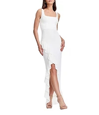 Dress the Population Charlene Square Neck Sleeveless Cascading Ruffle Side Slit Gown