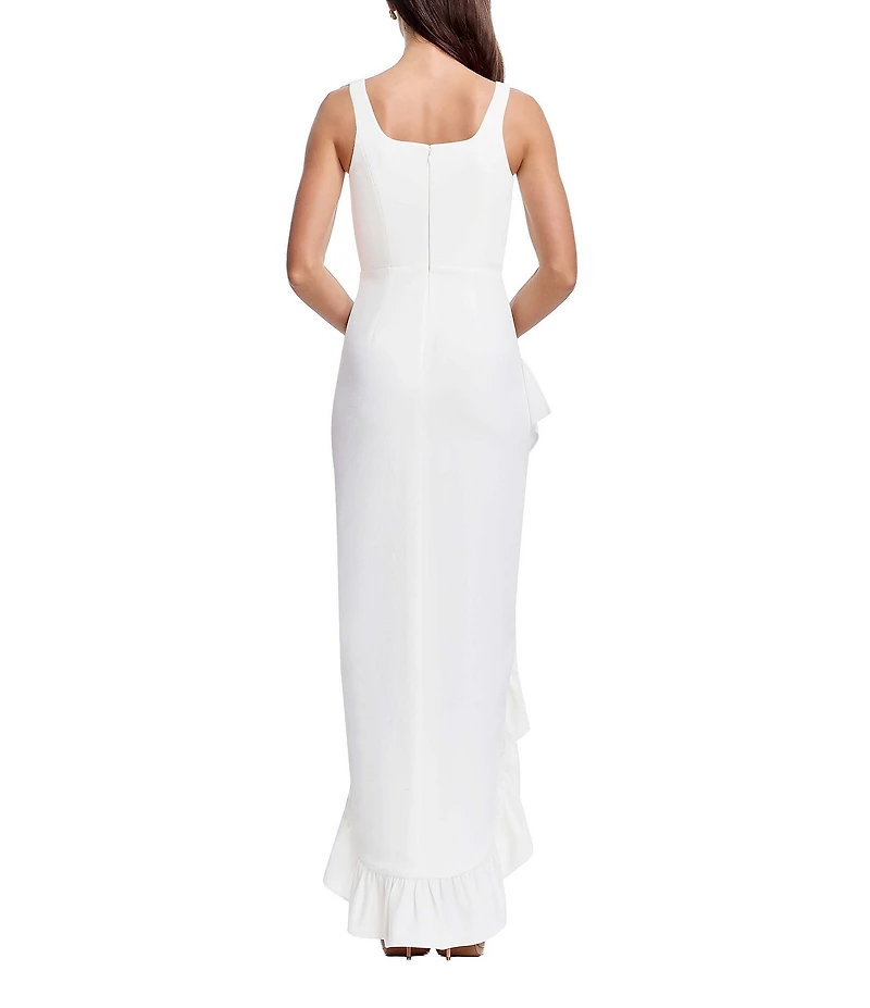 Dress the Population Charlene Square Neck Sleeveless Cascading Ruffle Side Slit Gown