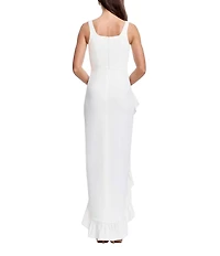 Dress the Population Charlene Square Neck Sleeveless Cascading Ruffle Side Slit Gown