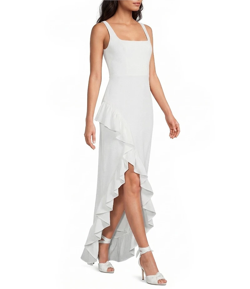 Dress the Population Charlene Square Neck Sleeveless Cascading Ruffle Side Slit Gown