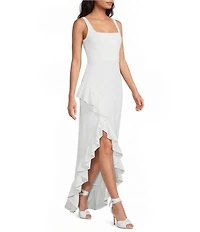 Dress the Population Charlene Square Neck Sleeveless Cascading Ruffle Side Slit Gown