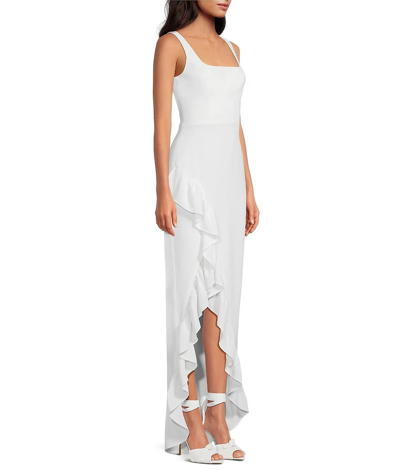 Dress the Population Charlene Square Neck Sleeveless Cascading Ruffle Side Slit Gown