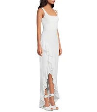 Dress the Population Charlene Square Neck Sleeveless Cascading Ruffle Side Slit Gown