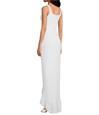 Dress the Population Charlene Square Neck Sleeveless Cascading Ruffle Side Slit Gown