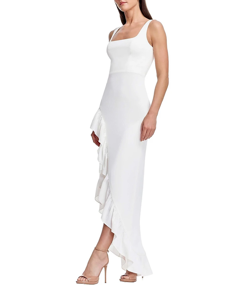 Dress the Population Charlene Square Neck Sleeveless Cascading Ruffle Side Slit Gown