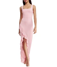 Dress the Population Charlene Square Neck Sleeveless Cascading Ruffle Side Slit Gown