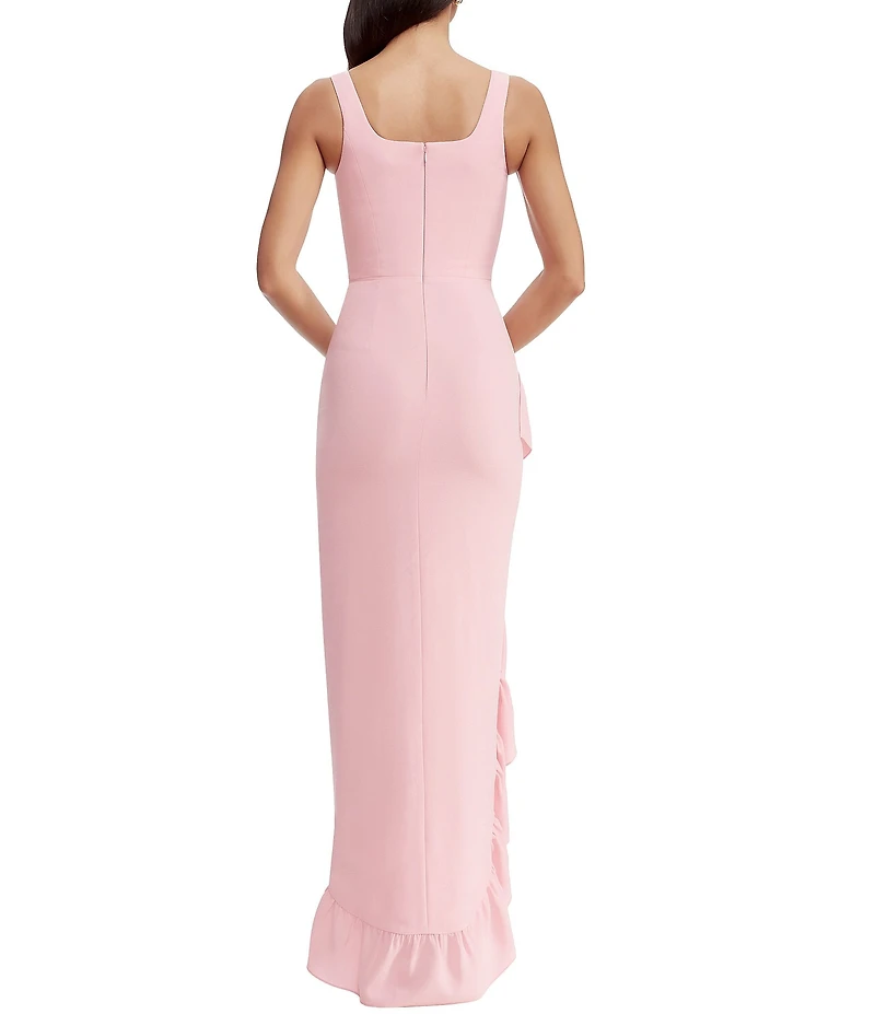 Dress the Population Charlene Square Neck Sleeveless Cascading Ruffle Side Slit Gown