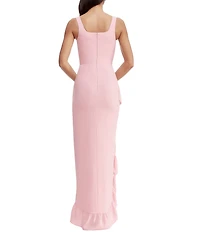 Dress the Population Charlene Square Neck Sleeveless Cascading Ruffle Side Slit Gown