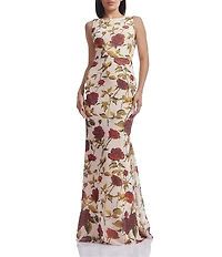 Dress the Population Cherilyn Rose Print Boat Neck Sleeveless Plunge Back Mermaid Dress