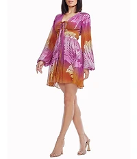 Dress the Population Codi Tie V-Neck Long Sleeve Printed Shimmer Chiffon Baby Doll Mini Dress