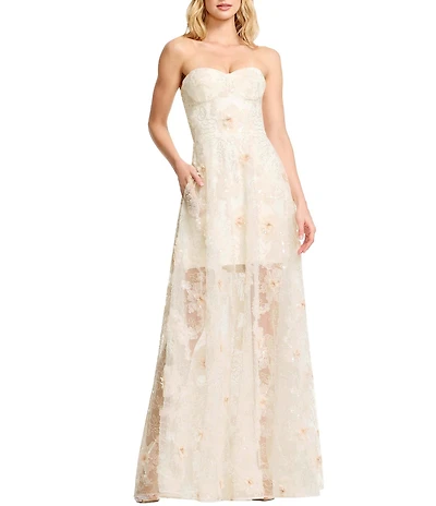 Dress the Population Connor Strapless Bustier 3D Floral Mesh Illusion Hem A-Line Gown