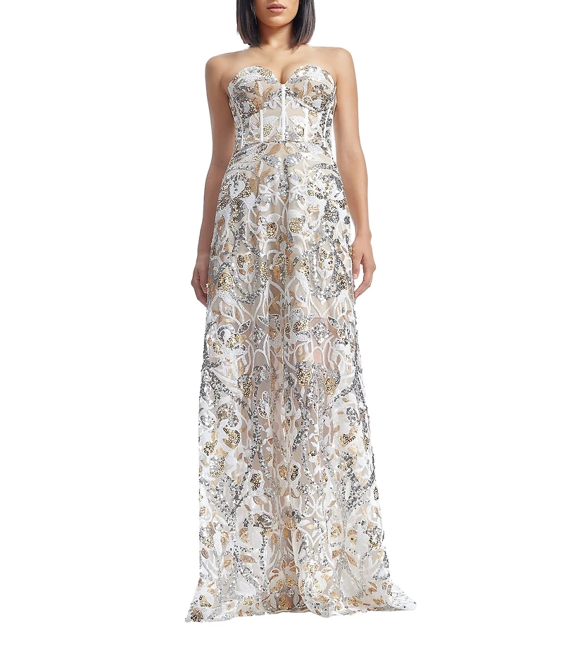 Dress the Population Daven Sweetheart Strapless Embroidered Mesh Corset A-Line Gown