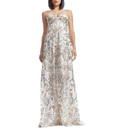 Dress the Population Daven Sweetheart Strapless Embroidered Mesh Corset A-Line Gown