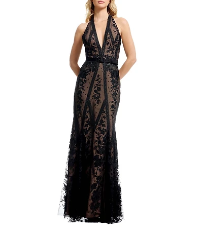 Dress the Population Devin Illusion Lace V-Halter Neckline Sleeveless Sheath Gown