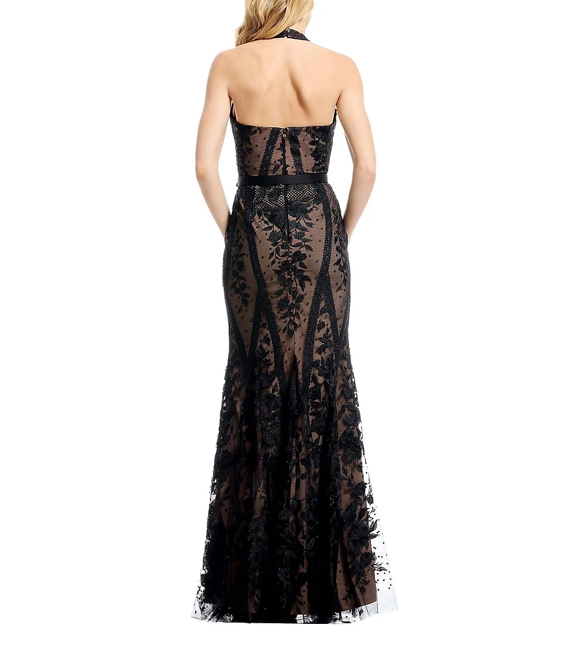 Dress the Population Devin Illusion Lace V-Halter Neckline Sleeveless Sheath Gown