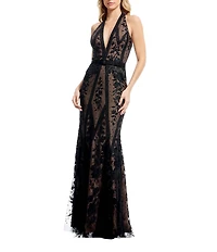 Dress the Population Devin Illusion Lace V-Halter Neckline Sleeveless Sheath Gown