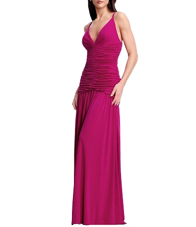 Dress the Population Elora Ruched Drop Waist Long Dress