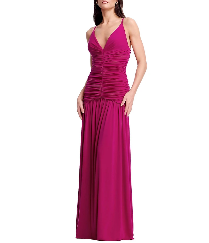 Dress the Population Elora Ruched Drop Waist Long Dress