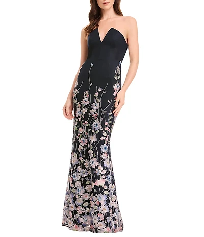 Dress the Population Fernanda Strapless Floral Embroidery Tulle Gown