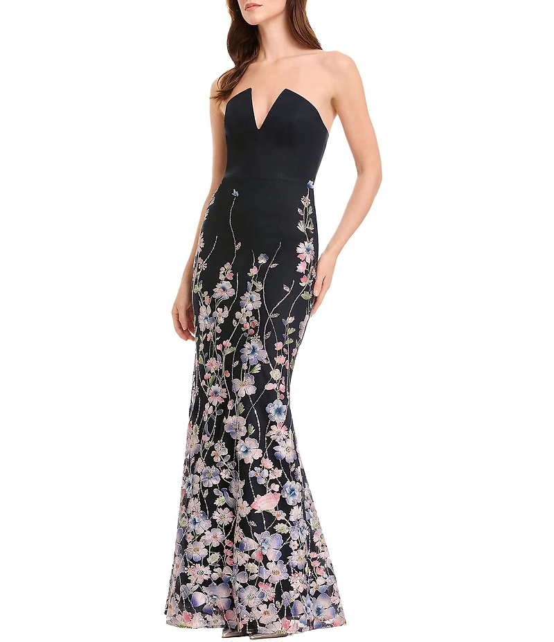 Dress the Population Fernanda Strapless Floral Embroidery Tulle Gown