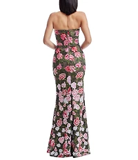 Dress the Population Fernanda V-Neck Strapless Floral Embroidered Mesh Sheath Gown