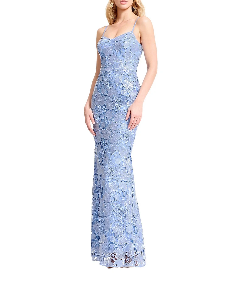 Dress the Population Giovanna Sequin Lace Scoop Neck Sleeveless Sheath Long Gown