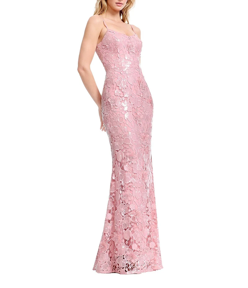 Dress the Population Giovanna Sequin Lace Scoop Neck Sleeveless Sheath Long Gown