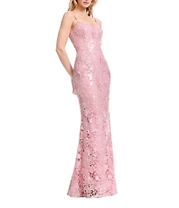 Dress the Population Giovanna Sequin Lace Scoop Neck Sleeveless Sheath Long Gown