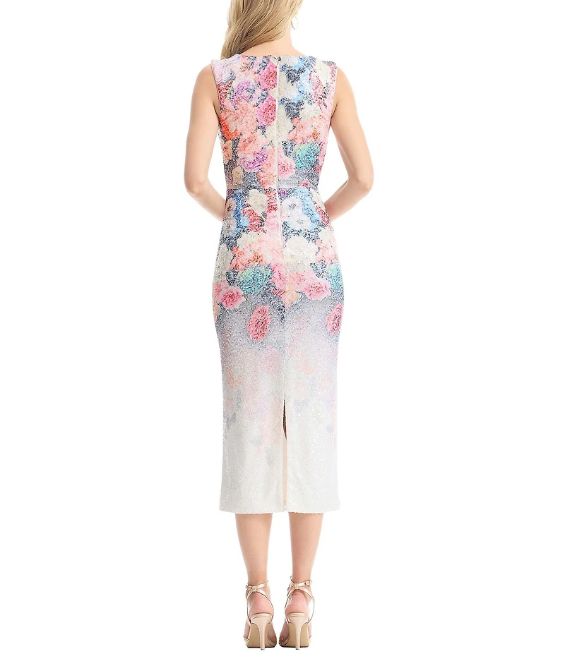 Dress the Population Gretchen Floral Sequin Ombre V-Neck Sleeveless Sheath Midi Dress