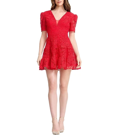 Dress the Population Hallie Short Puff Sleeve V-Neck Lace Mini Dress