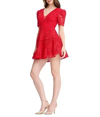 Dress the Population Hallie Short Puff Sleeve V-Neck Lace Mini Dress