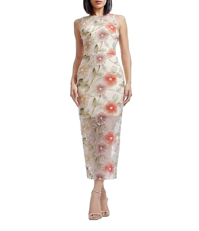 Dress the Population Helena Embroidered Lace Floral Print Crew Neck Sleeveless Sheath Midi Dress