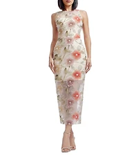 Dress the Population Helena Embroidered Lace Floral Print Crew Neck Sleeveless Sheath Midi Dress