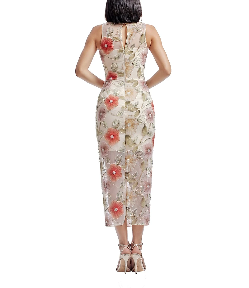 Dress the Population Helena Embroidered Lace Floral Print Crew Neck Sleeveless Sheath Midi Dress