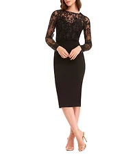 Dress the Population Illusion Long Sleeve Mesh Applique Midi Dress
