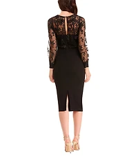 Dress the Population Illusion Long Sleeve Mesh Applique Midi Dress
