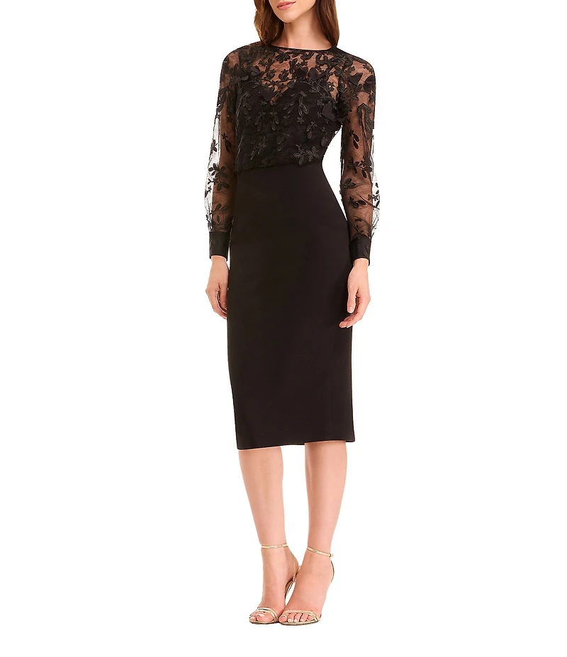 Dress the Population Illusion Long Sleeve Mesh Applique Midi Dress